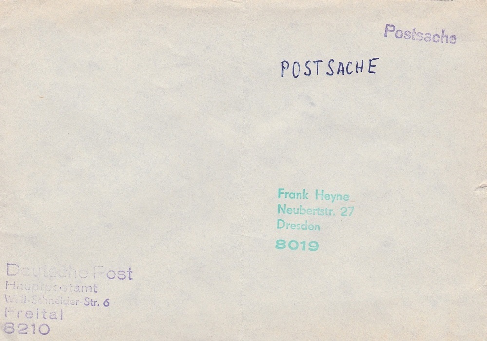 Rückumschlag vom PA Freital 1 mit Stempel <b>Postsache</b>